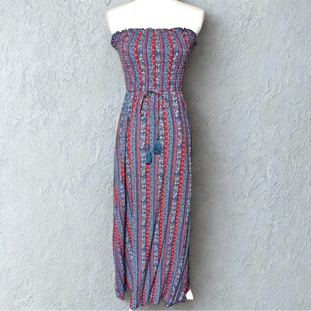 Band of Gypsies Bohemian Floral Strapless Dress Red and Blue Women Small
